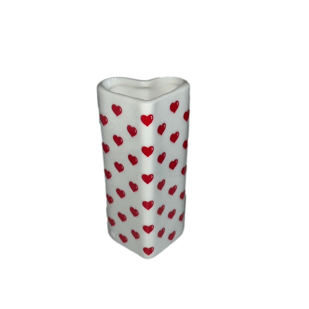 vintage small porcelain red Heart Patterned White Vase